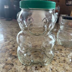Vintage 80s Kraft Peanut Butter Glass Bear Shaped Jar with Green Lid